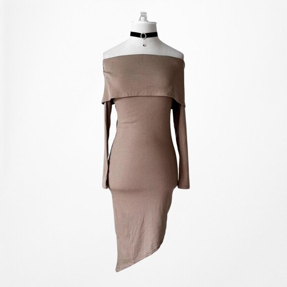Fashion Nova Brown RIbbed Knit Off The Shoulder Asymmetric Bodycon Dress Size M - Picture 5 of 8